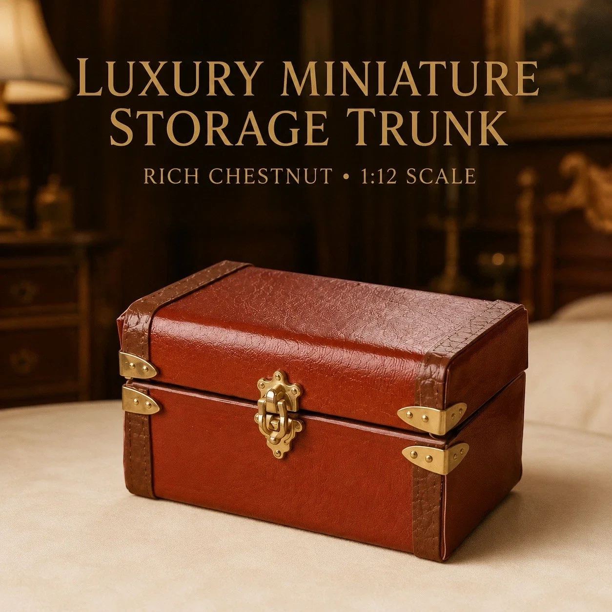 Chestnut Brown Miniature Storage Trunk Dolls House Blanket Chest Gold Detail