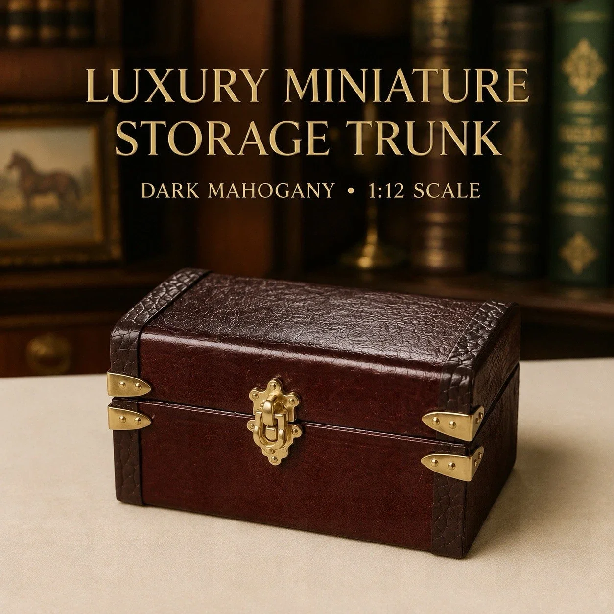 Dark Mahogany Miniature Storage Trunk –Dolls House Blanket Chest with Gold