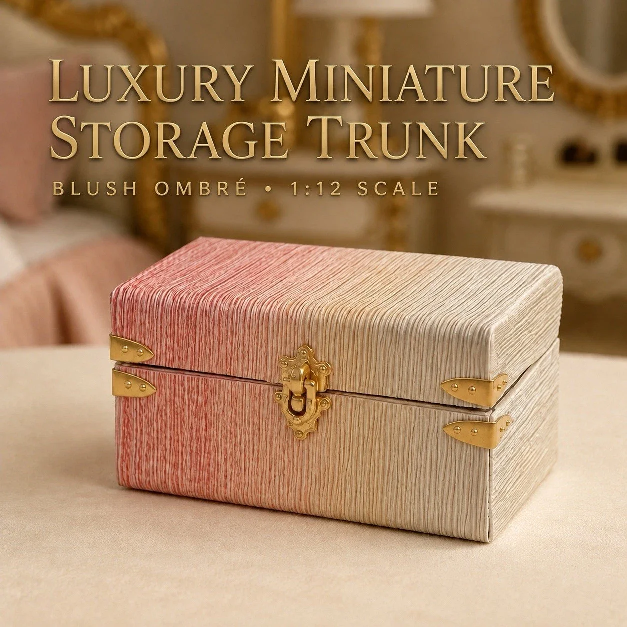 Blush Ombré Miniature Storage Trunk – Dolls House Blanket Chest with Gold Detai