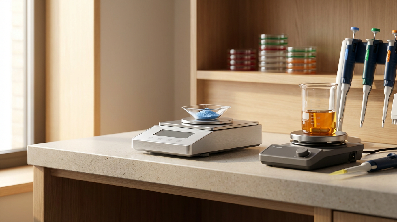 Laboratory workspace with a digital scale weighing a small dish of blue powder, and a beaker with orange liquid, set on a light-colored countertop with medical instruments and colored Petri dishes in the background.