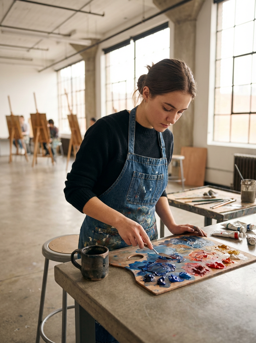 Young woman in a denim apron mixing blue and red paint on a palette in a spacious art studio with large windows, other students painting in the background.