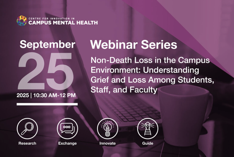 A promotional poster for a campus mental health webinar series scheduled for September 25, 2025, from 10:30 AM to 12 PM. The topic is about understanding grief and loss among students, staff, and faculty. The poster features icons for research, exchange, innovate, and guide at the bottom.