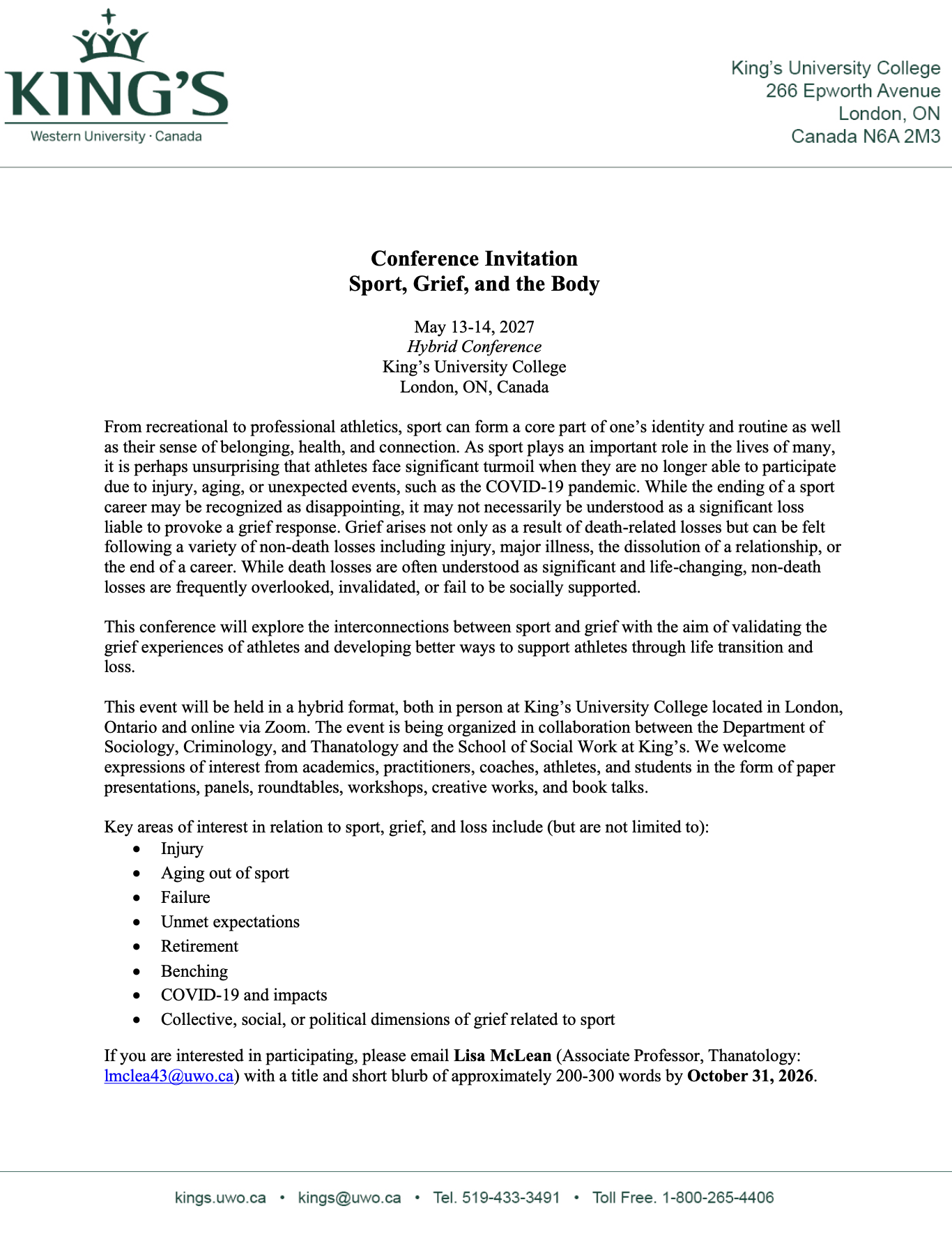 Conference invitation letter from King's University College for a hybrid event titled 'Sport, Grief, and the Body' scheduled for May 13-14, 2027, in London, Ontario, Canada, including details about the event's purpose, format, and contact information.