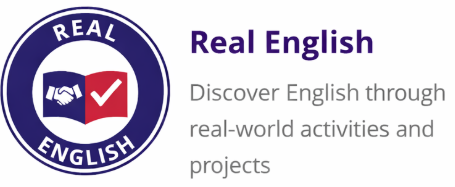 Logo for Real English with a handshake and checkmark symbol and the text 'Real English' and descriptive text about discovering English through activities and projects.