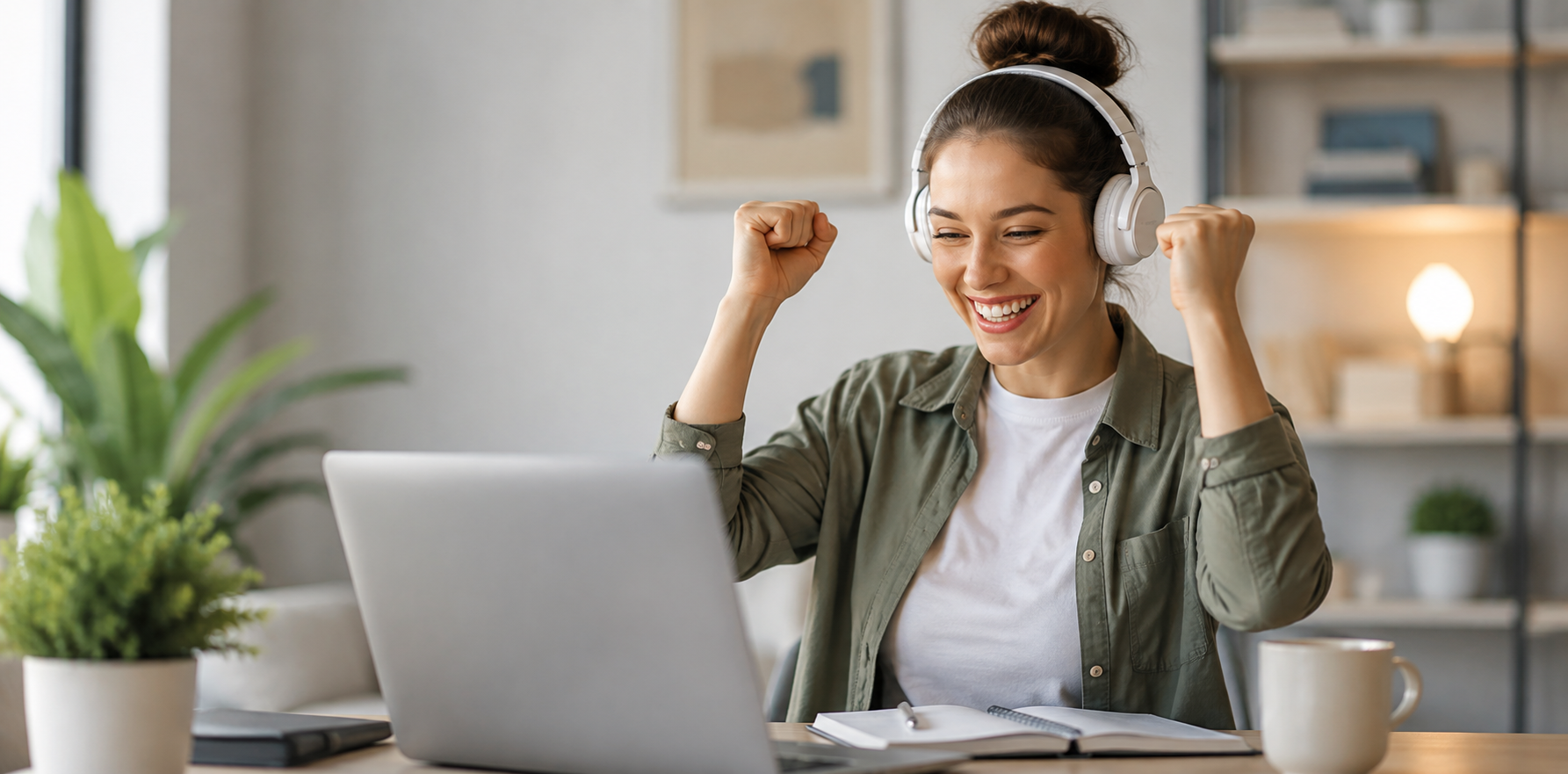 A young woman sitting at a desk with a laptop, smiling and celebrating with her fists raised, wearing headphones in a bright room with plants and books.
