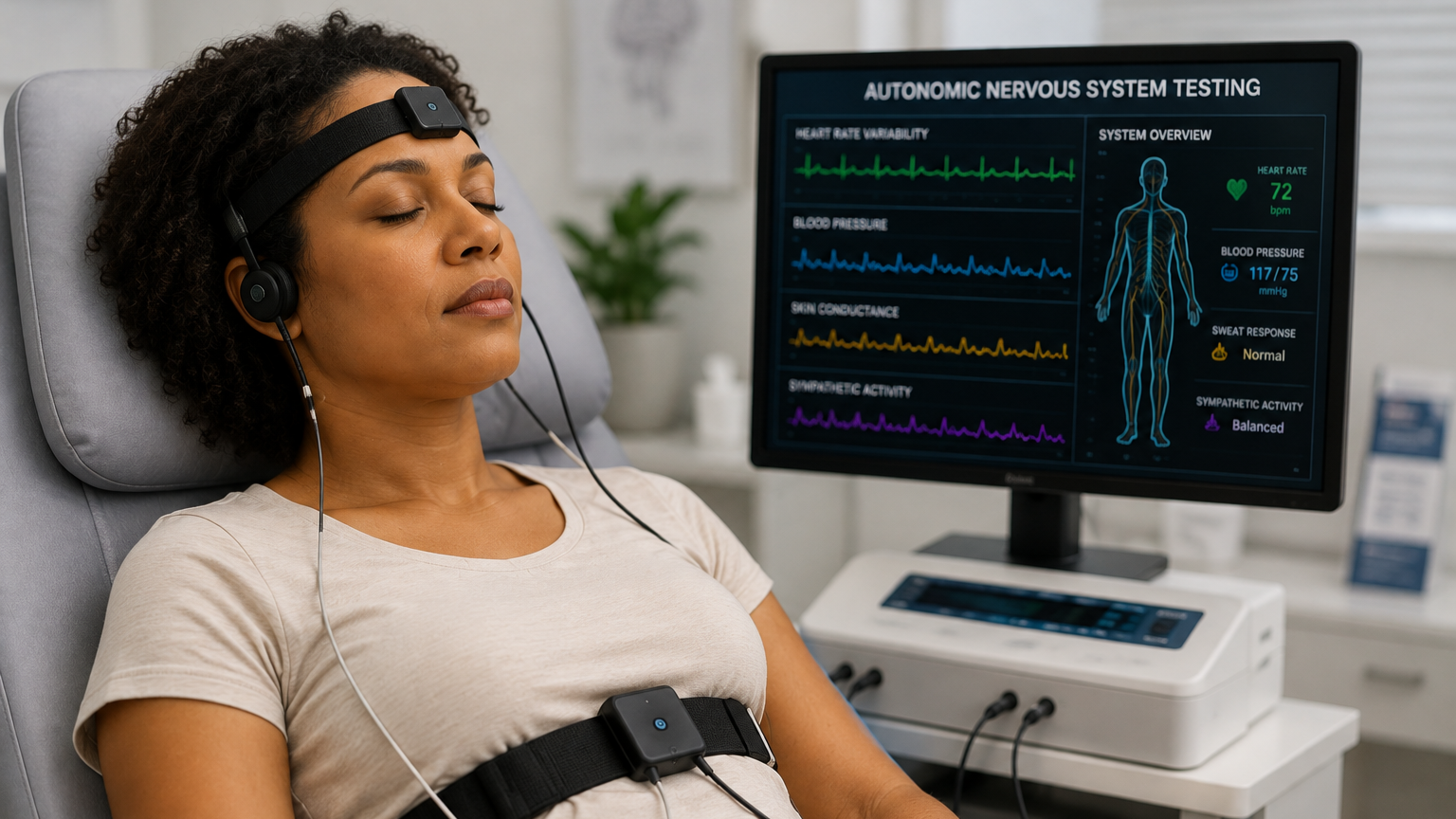 Woman undergoing autonomic nervous system testing, wearing electrodes and a headband, with medical monitoring equipment and a monitor displaying her vitals and nervous system data.