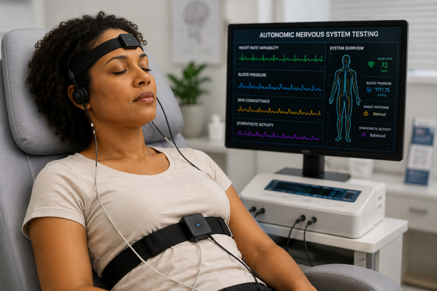 Woman with curly hair wearing a black headband and headphones, relaxing in a medical testing chair during autonomic nervous system testing, with a monitor displaying medical data on the screen.