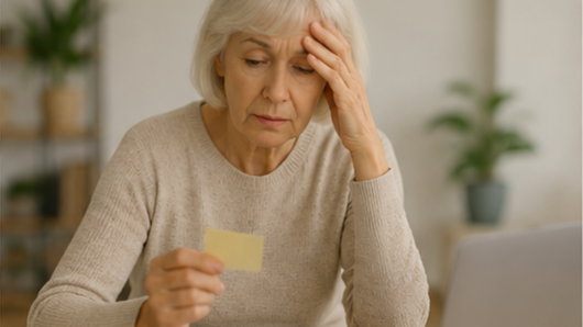 An elderly woman sitting at a desk, holding a small note, with a worried or stressed expression.