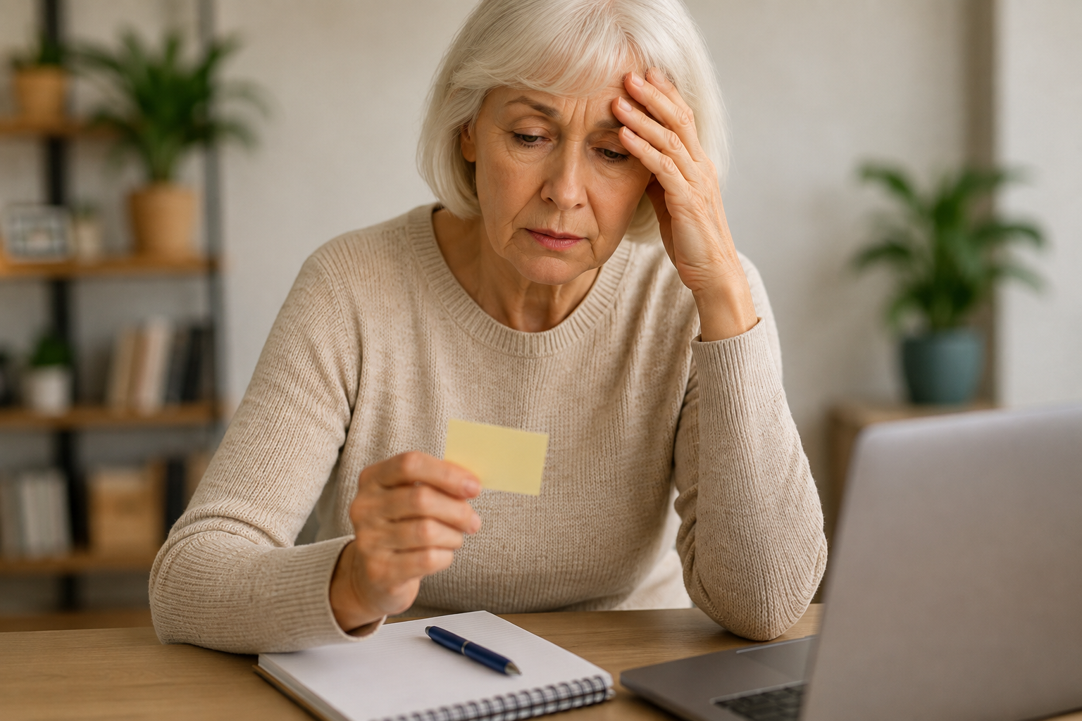 An elderly woman with white hair sitting at a desk, looking worried while holding a yellow sticky note and touching her forehead. There is a laptop, notebook, and pen on the desk in front of her, with a bookshelf and potted plants in the background.