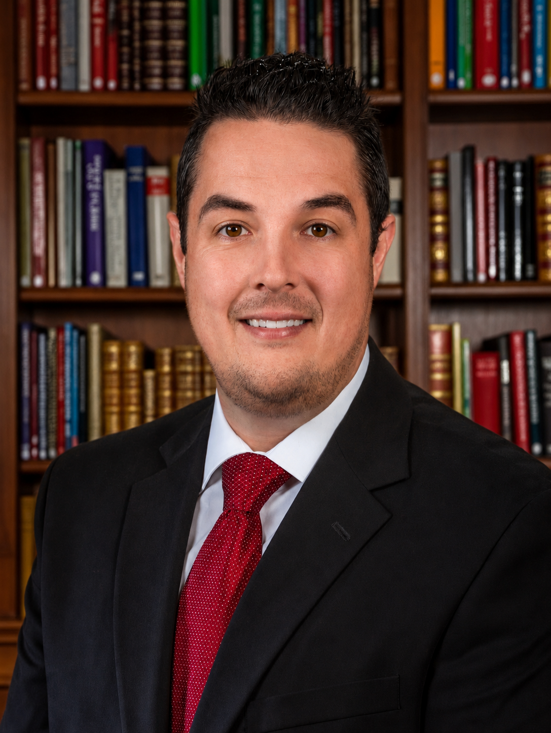 Man in formal suit with a red tie, smiling, with a bookshelf filled with books in the background.