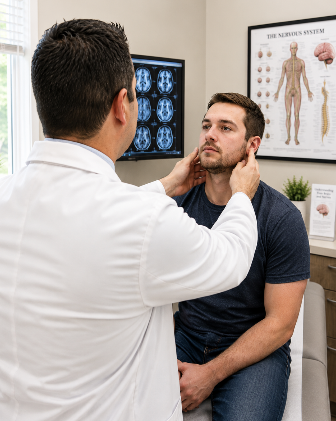 Doctor examining a young man's throat in a medical office with brain and nervous system posters.