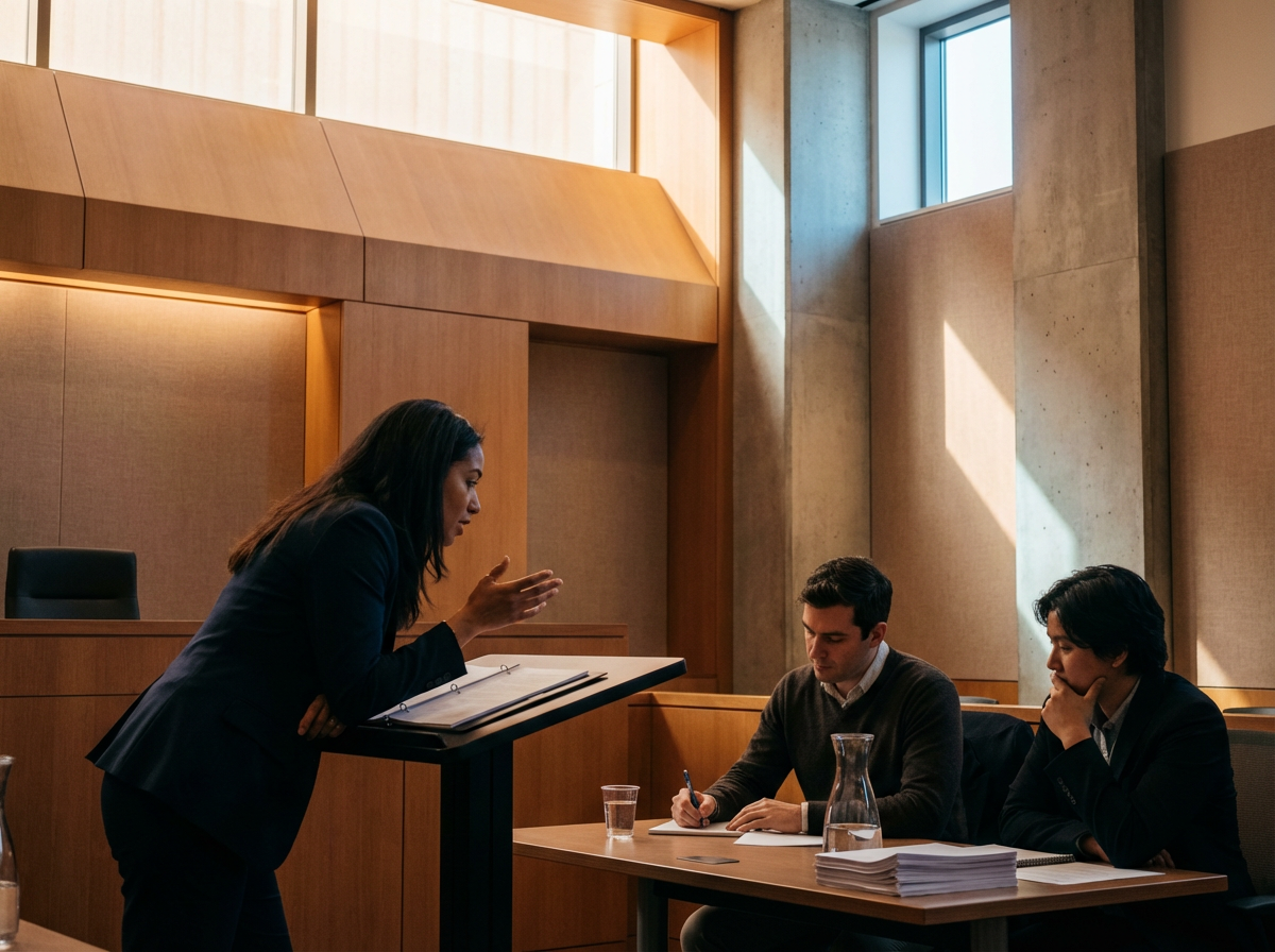 A woman in professional attire is standing at a podium, speaking and gesturing with her hands, while two men are seated at a table, taking notes and listening attentively.
