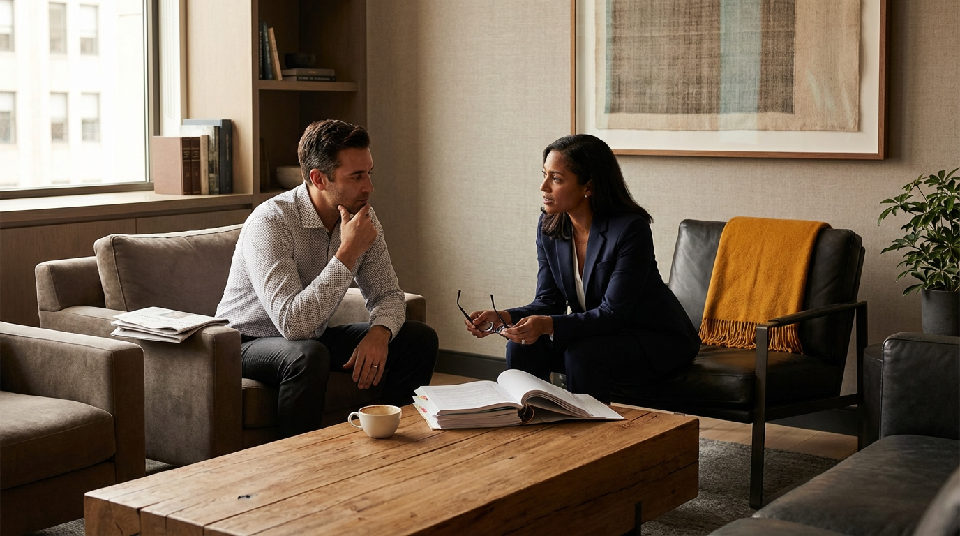 A woman and a man engaged in a serious conversation in a cozy, modern office or living room setting. The woman is holding glasses, and there are documents on the table.