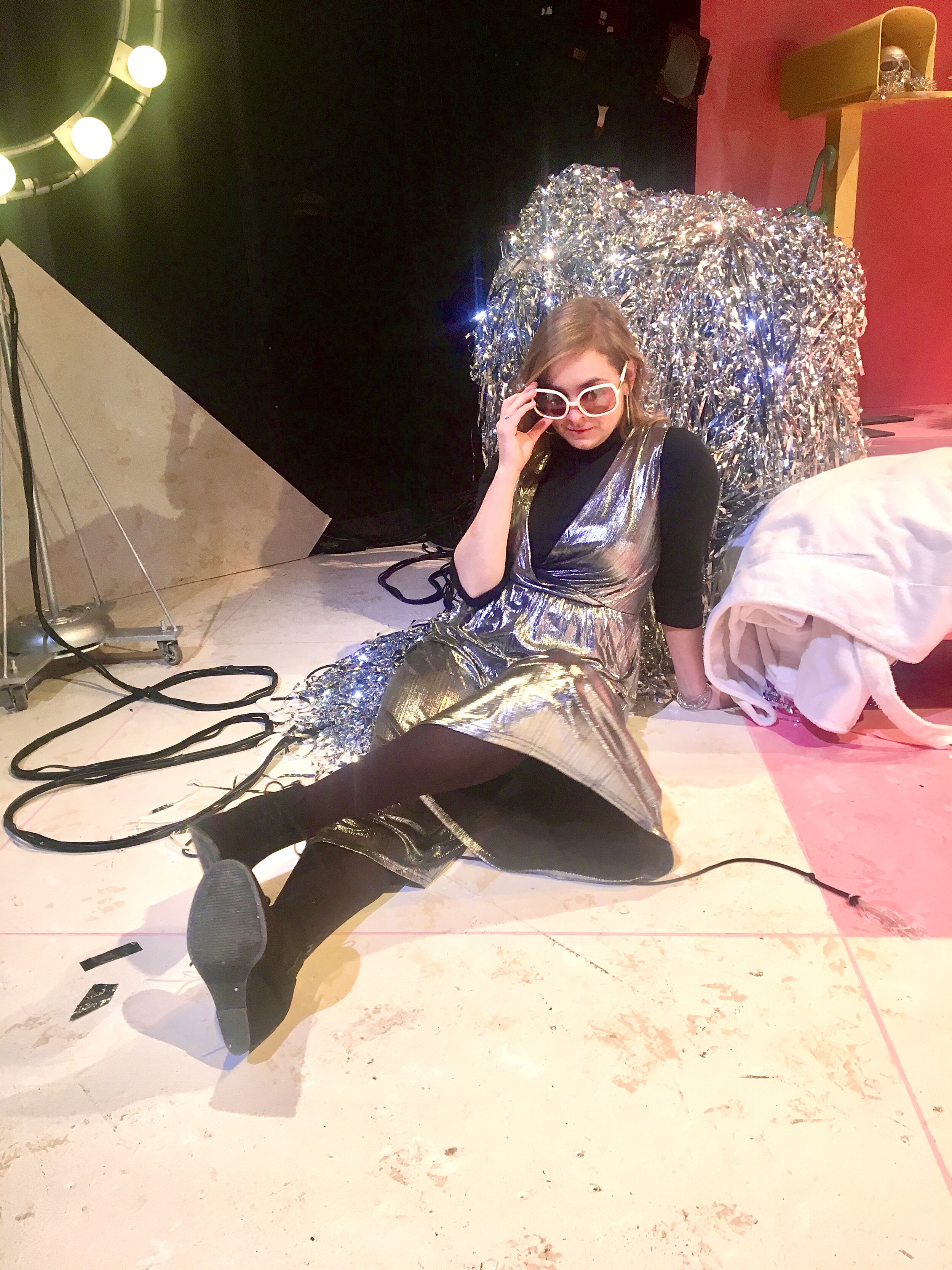 Katy playing the part while set designing at Carnegie Mellon.