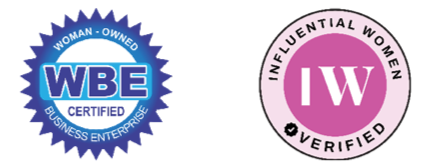 Two certification logos: one blue for Woman-Owned Business Enterprise and one pink for Influential Women Verified.