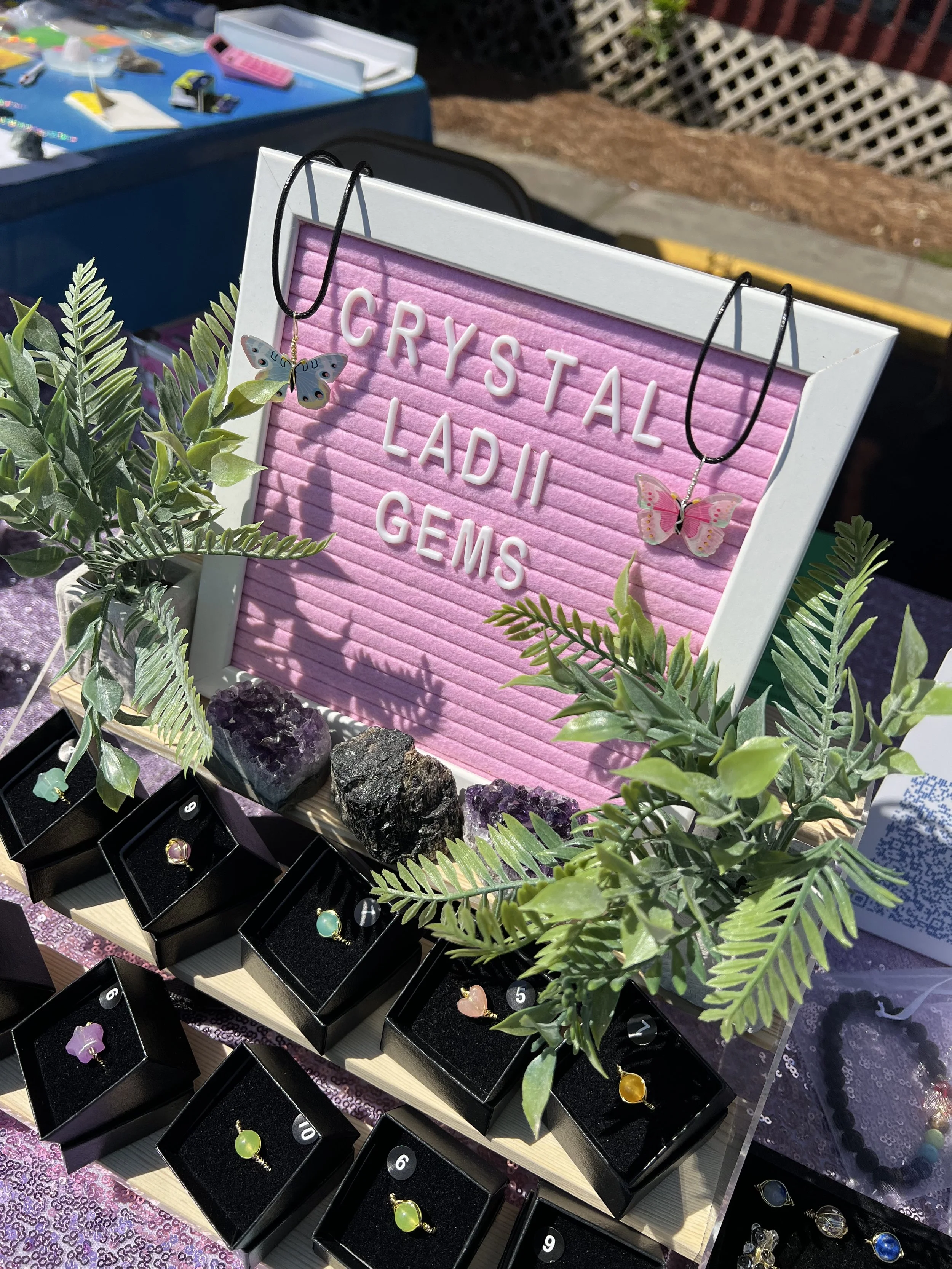 A display of colorful gemstone rings in black boxes, decorated with green artificial plants, and a pink felt board with white letters spelling out 'CRYSTAL LADII GEMS'.
