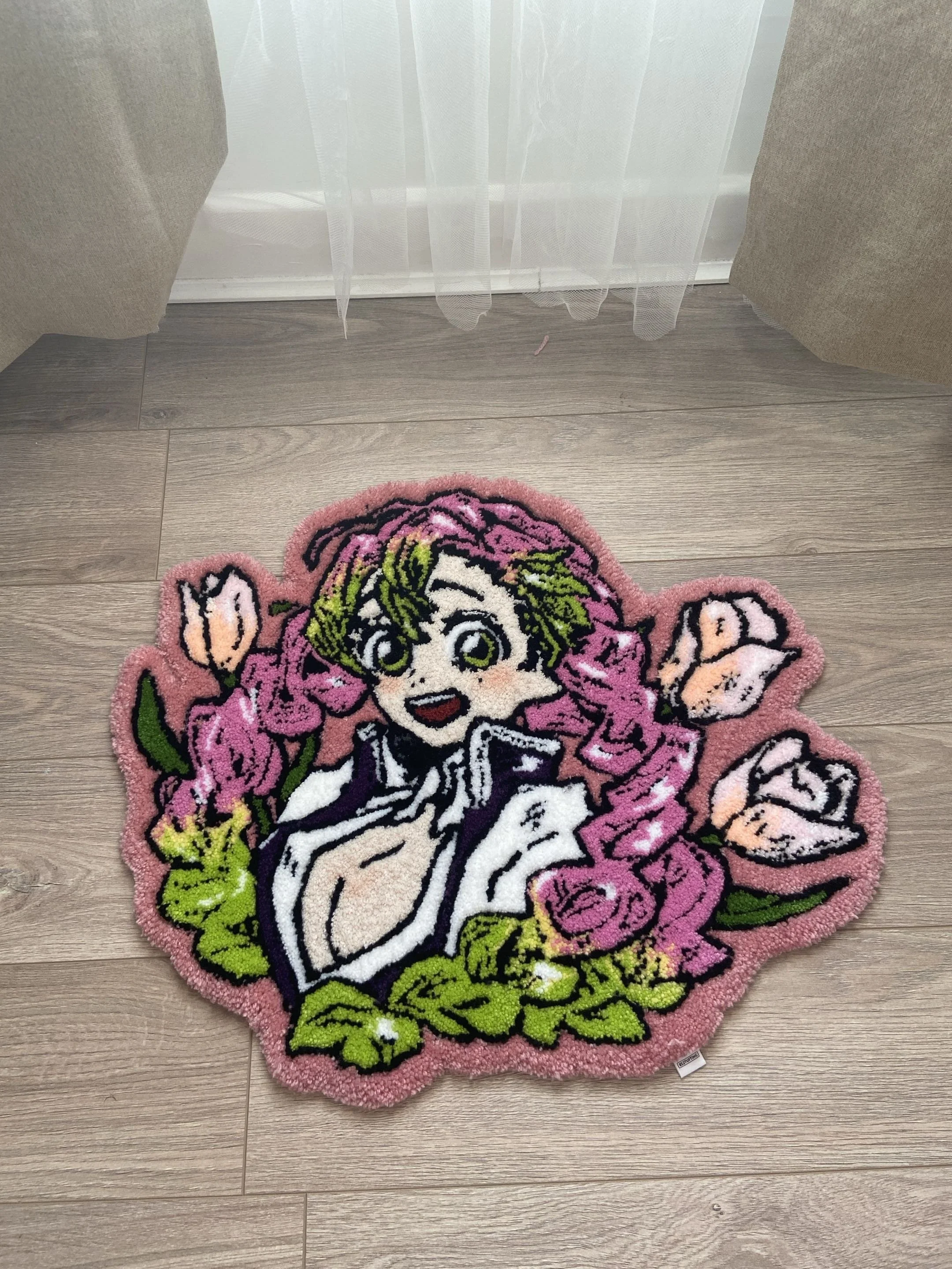  Mitsuri Kanroji, Love Hashira from Demon Slayer as a rug on wooden floor.