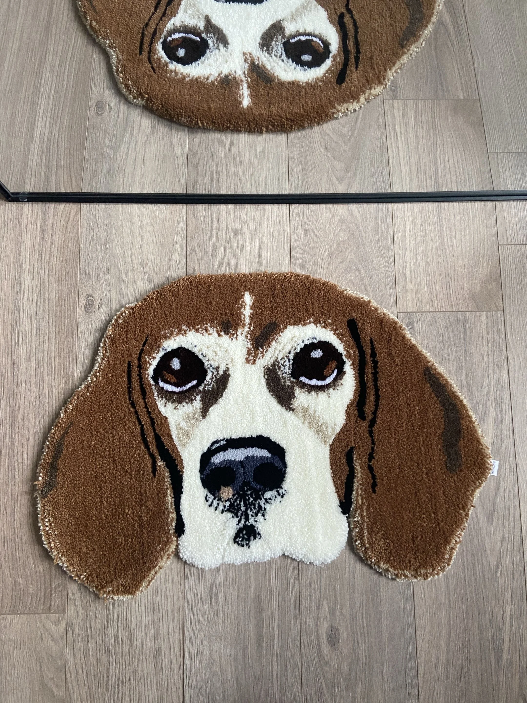 A rug with a realistic image of a dog's face, featuring brown and white fur, large dark eyes, and a black nose, on a wooden floor.