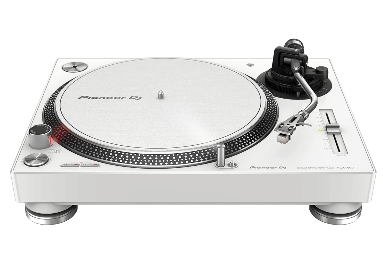 A white Pioneer DJ turntable with a black and silver tonearm and controls, set against a white background.