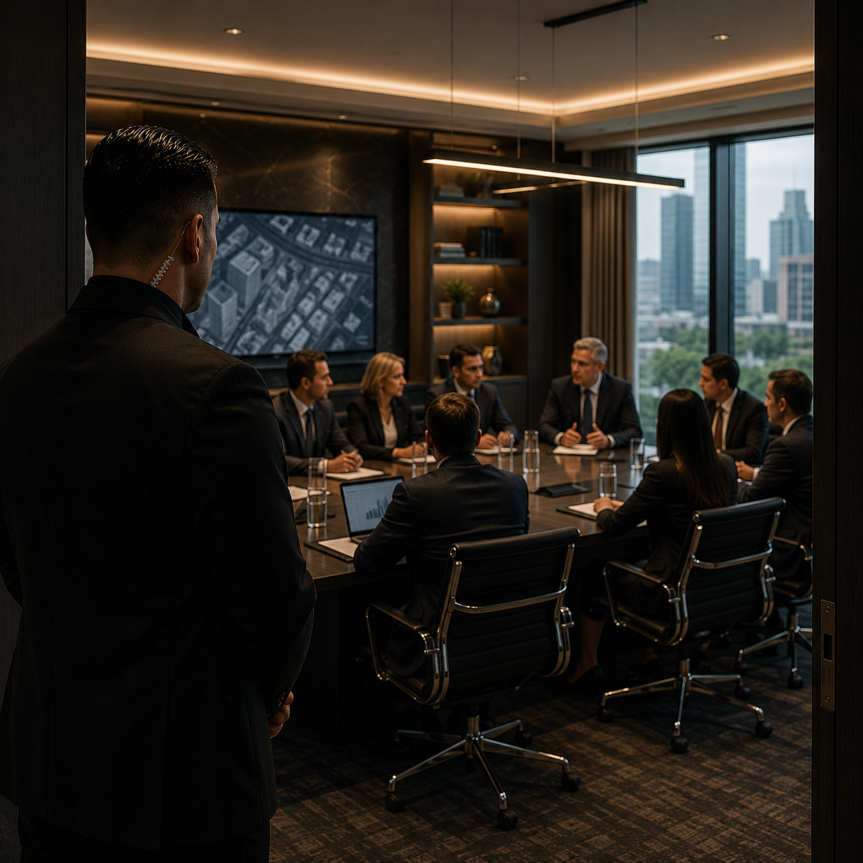 Business meeting in a modern conference room with multiple people seated around a large table and a Black Crest Protection security personnel standing in the foreground, overlooking the group.
