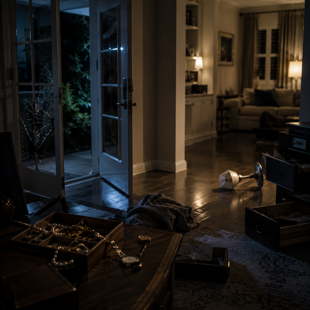 Interior of a living room at night with a broken lamp on the floor, a toppled lamp, and jewelry scattered on a table. The back door is open, revealing a dark outdoor area. The room is dimly lit by lamps, and a couch is visible in the background.