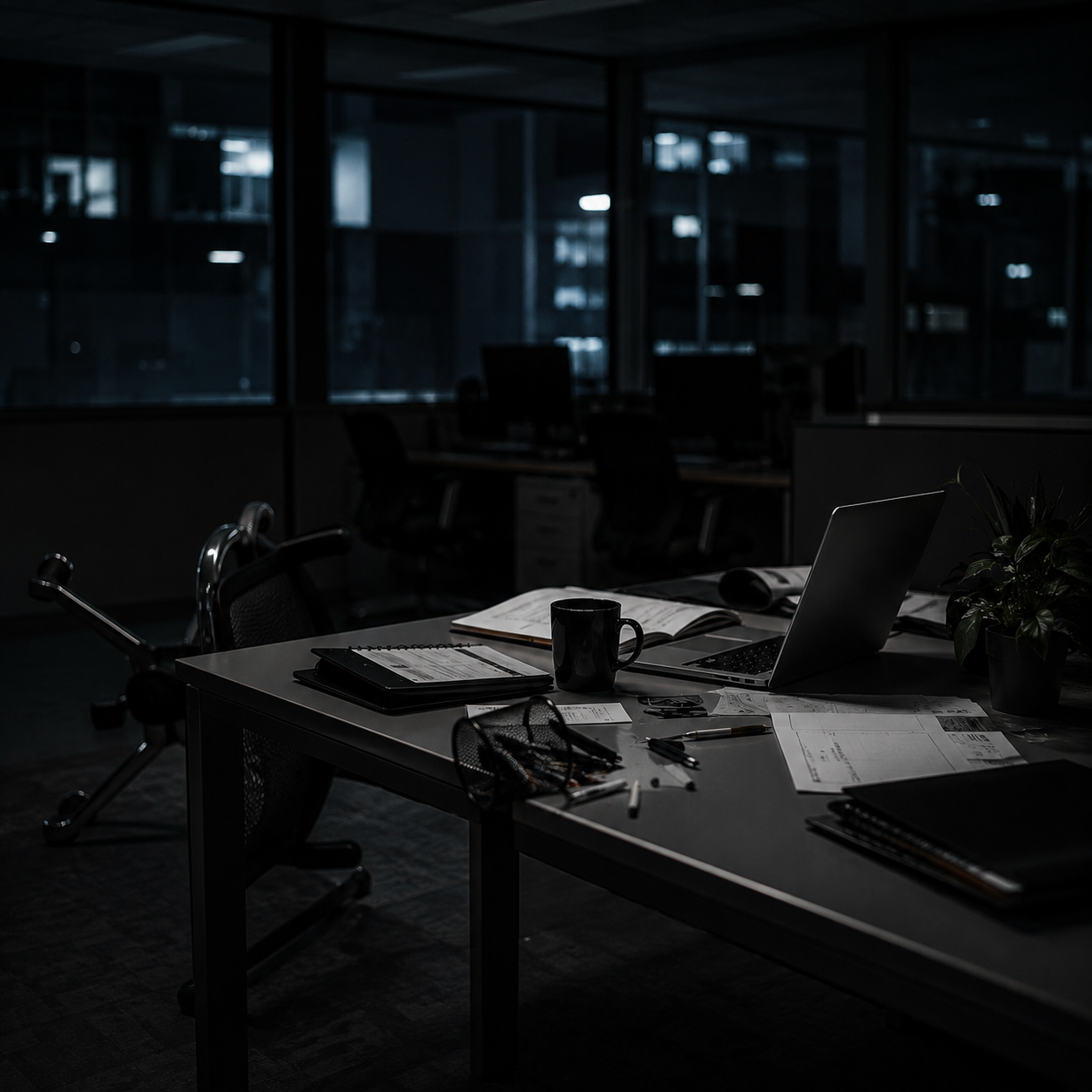 Dark office with a desk cluttered with papers, a laptop, a coffee mug, and an open book. Empty chairs and computer stations are visible in the background, illuminated by dim, ambient light through large windows.