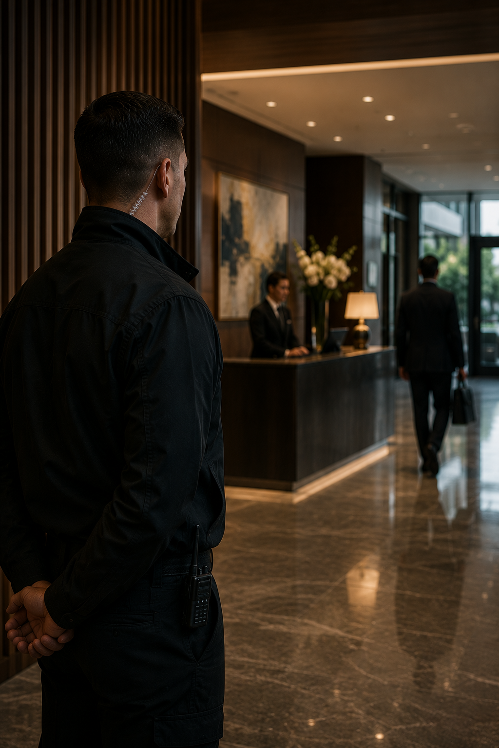 A Black Crest Protection security guard in black uniform standing in a hotel lobby near the reception desk, with two hotel staff members behind the counter and another guest walking away carrying a bag, marble floor, modern decor, and large windows.