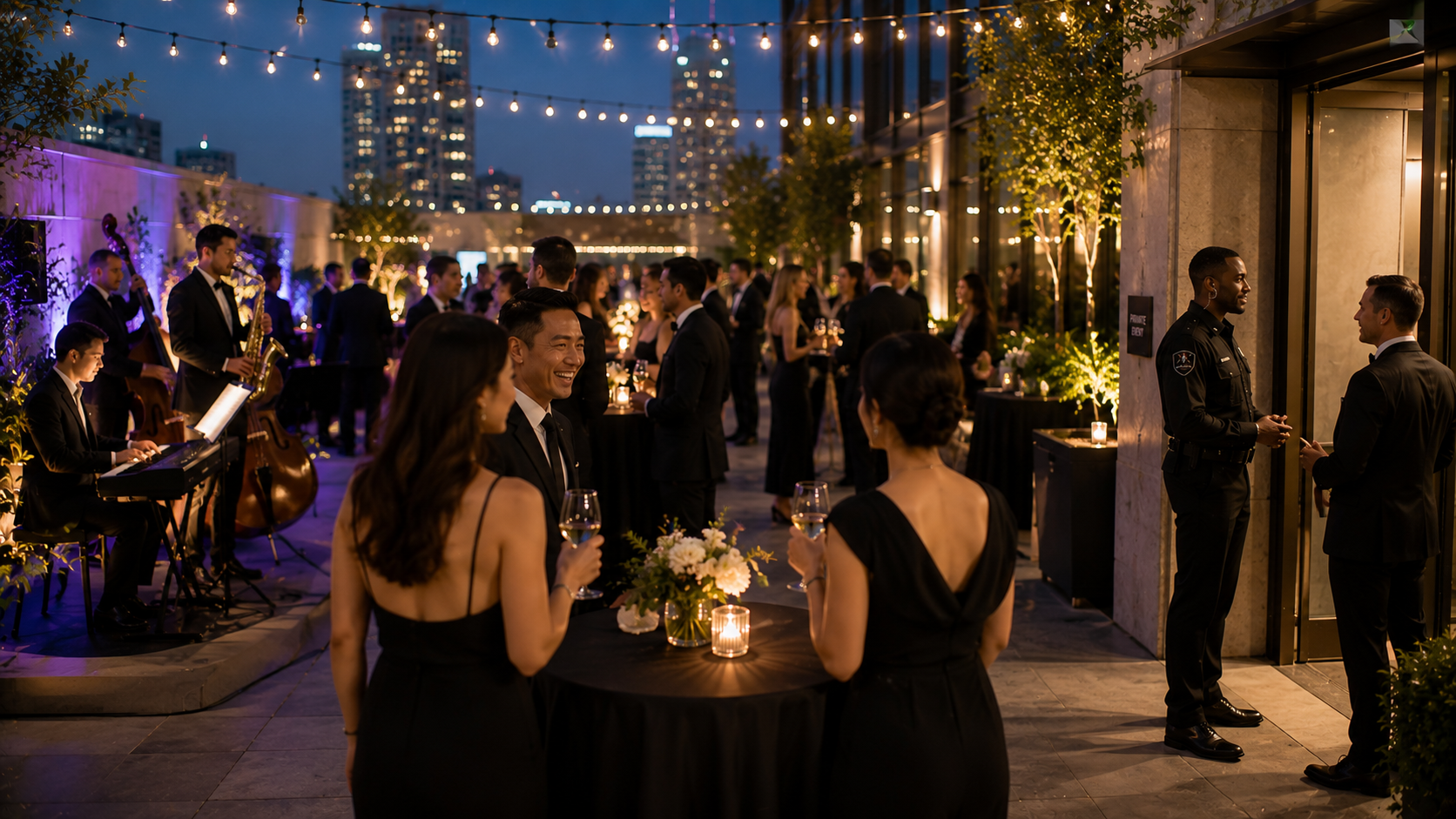 People attending a nighttime outdoor party or reception with string lights, a live band, and city skyline in the background being protected by Black Crest Protection.