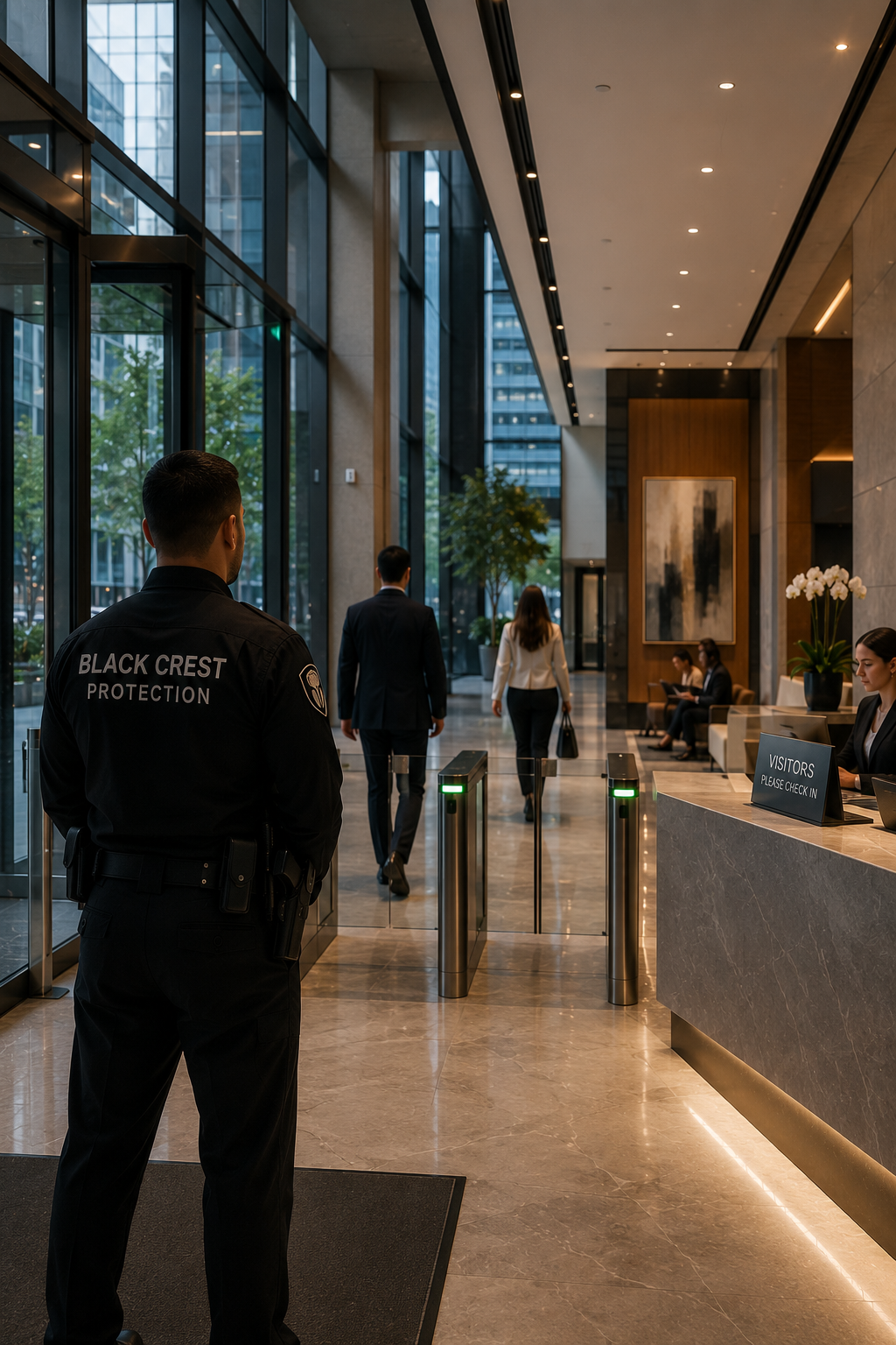 Black Crest Protection Security guard standing in hotel lobby near entrance with glass doors, with guests walking in and out, and reception desk with staff.