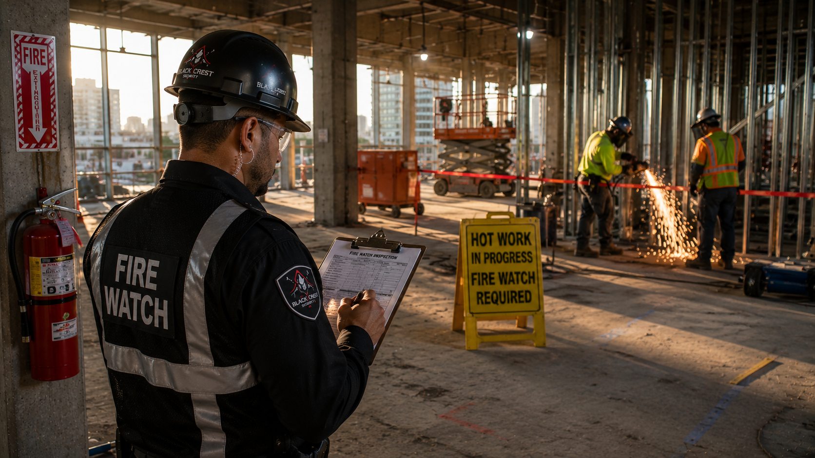 A construction site with workers welding metal framework, fire watch personnel from Black Crest Protection monitoring, and a firefighter inspecting fire watch inspection documentation.