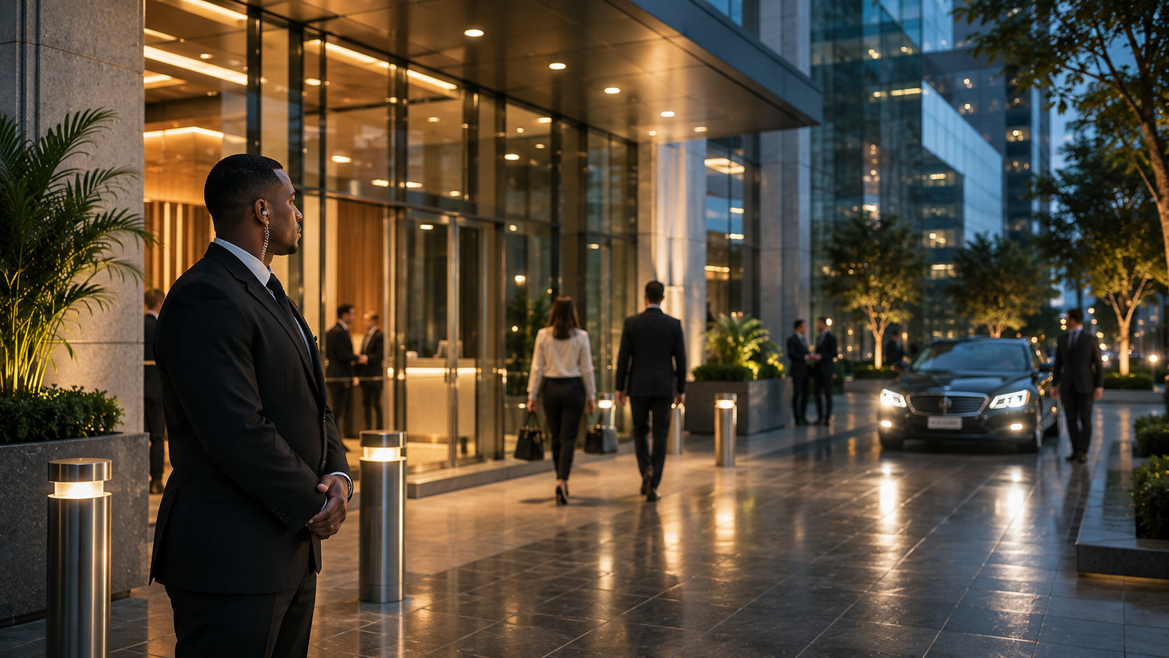 A security personnel from Black Crest Protection in a black suit standing outside a modern office building during evening, with other businesspeople walking in and out, and a luxury car parked nearby.