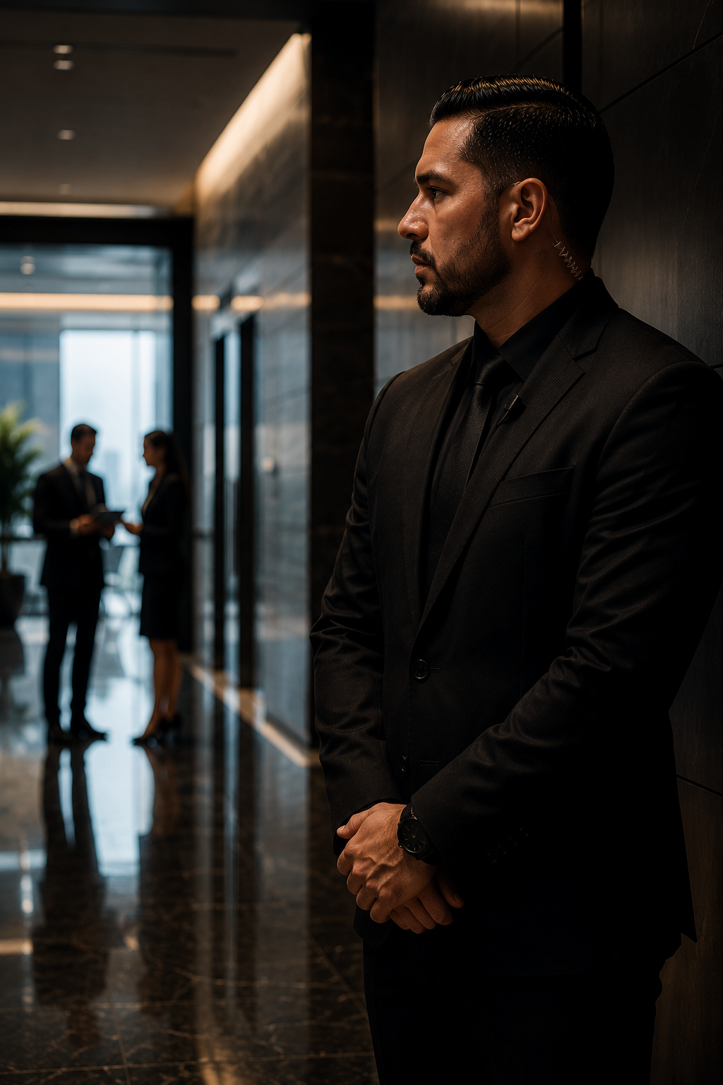 A security personal from Black Crest Protection in a black suit standing against a dark wall in a modern office building, with two blurred people talking in the background.