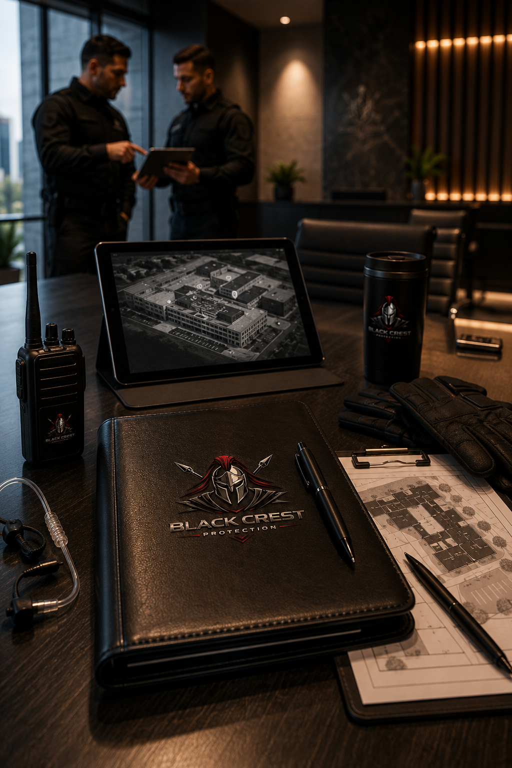 Table with tactical gear, a tablet showing a building layout, and two men from Black Crest Protection in discussion in a modern office.