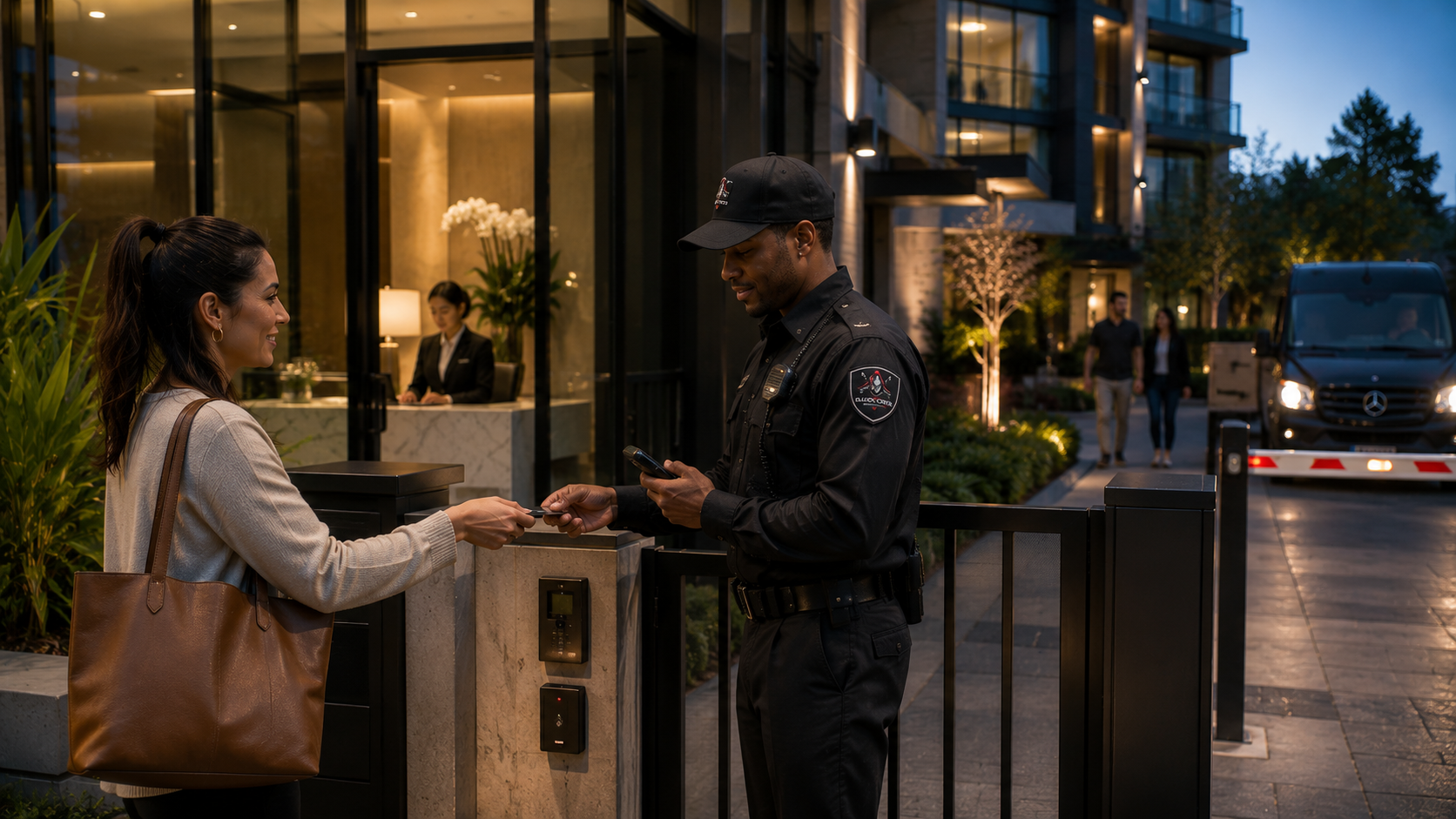 A woman in a beige sweater and brown handbag is handing her key card to a security guard from Black Crest Protection at a gated entrance of a modern apartment complex during early evening.