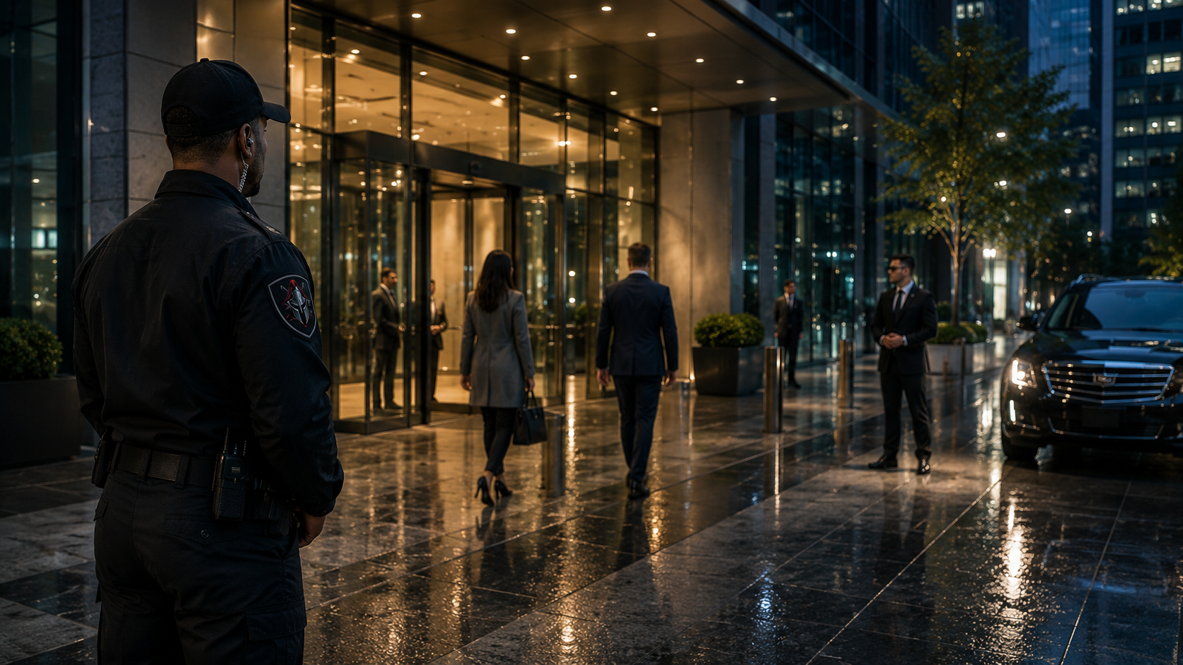 Security guard from Black Crest Protection observing people entering a modern office building at night with a black luxury SUV parked outside.