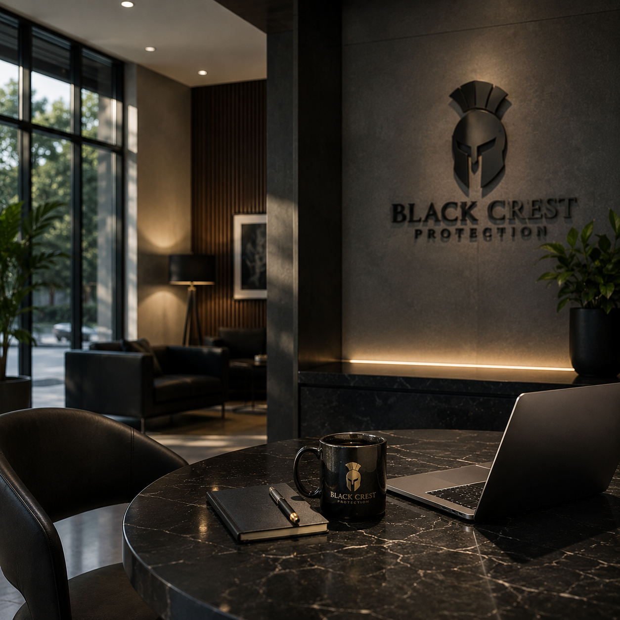Modern office lobby of Black Crest Protection with a marble table, laptop, black coffee mug, and notebook, featuring a client reception area with black leather chairs, floor-to-ceiling windows, and a wall with the Black Crest Protection logo.
