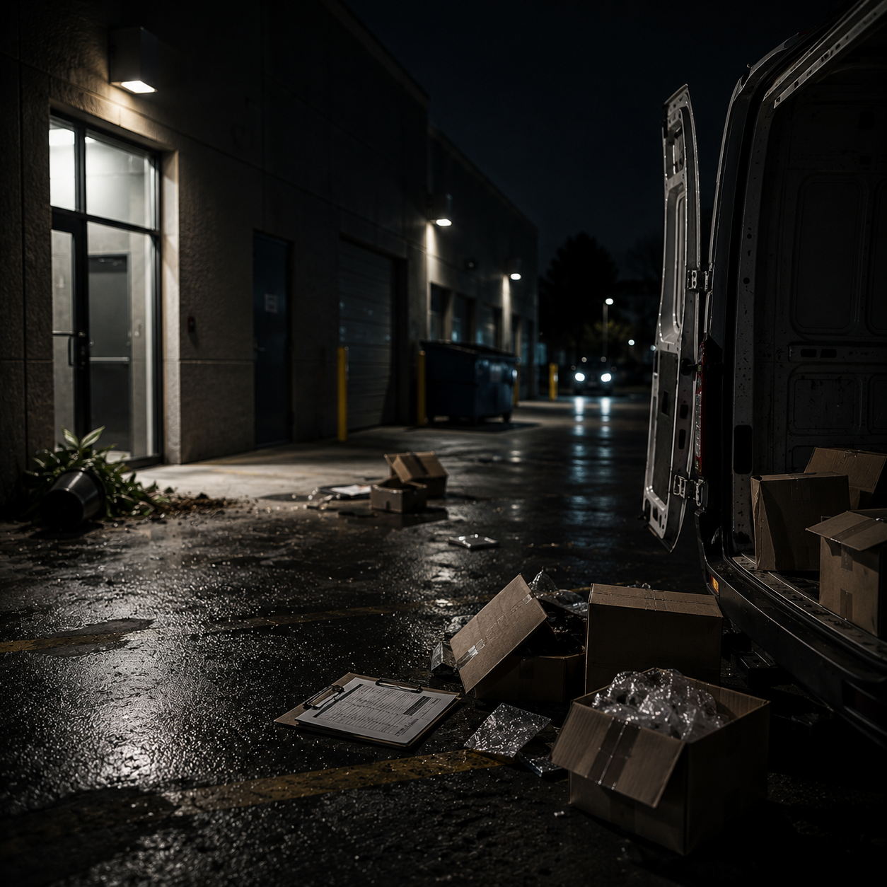 Empty delivery van with open rear doors parked outside a warehouse at night, with scattered boxes and debris on wet pavement