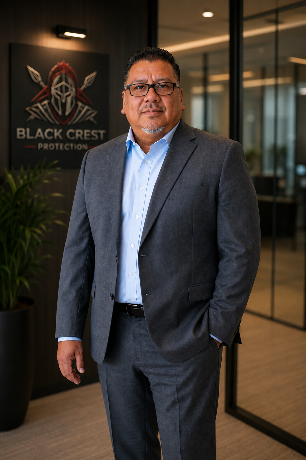 Jorge Rojas in a gray suit and glasses standing in an office with a 'Black Crest Protection' sign in the background.