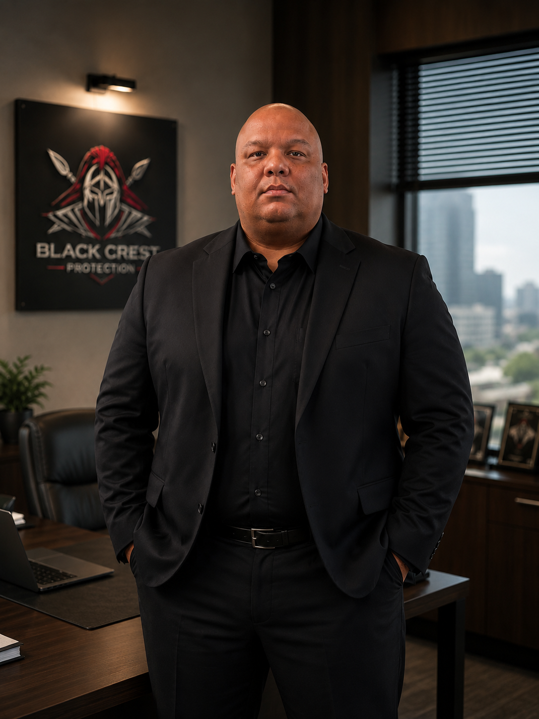 Gabriel Sanchez in a black suit standing in an office with a Black Crest Protection sign on the wall behind him.