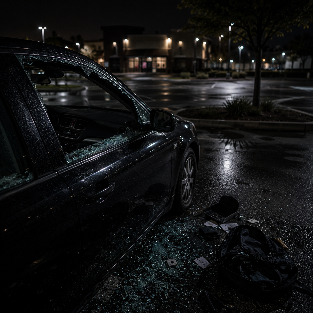 Damaged black car with shattered windows and broken glass on the ground in a parking lot at night.