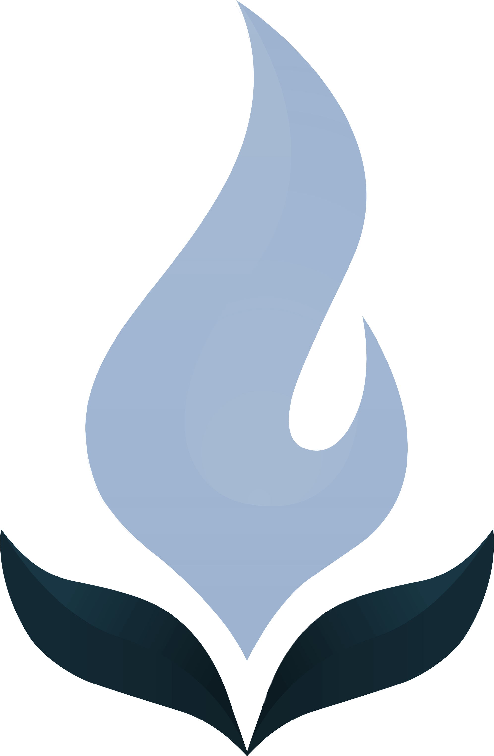 A stylized blue flame rising from a dark background.
