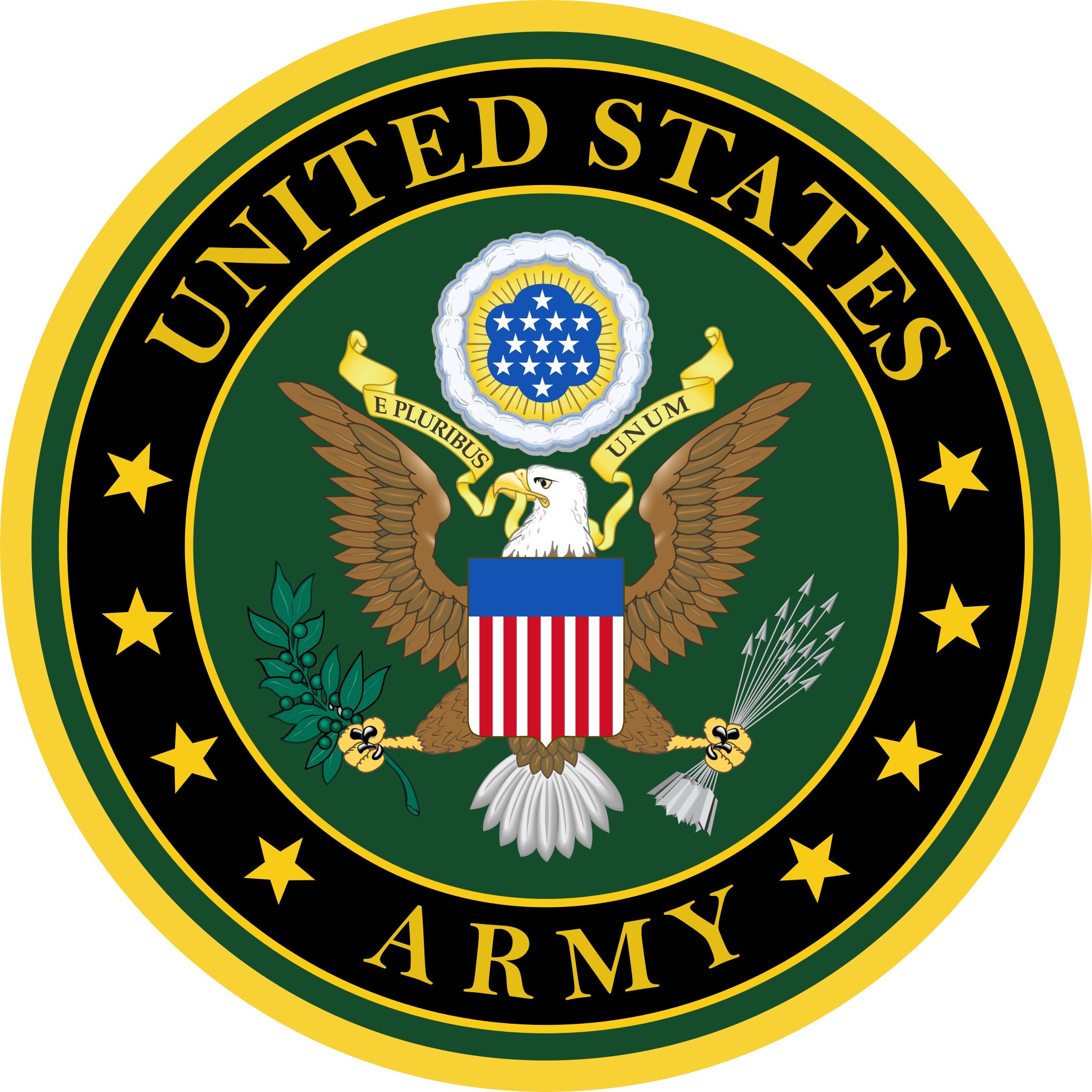 Close-up of the United States Department of the Army emblem with an eagle, shield, and banners.