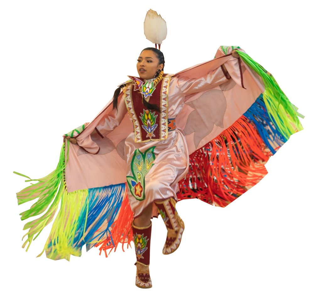 A woman in vibrant, traditional Mexican folkloric attire with large, colorful feathered wings performing a dance.