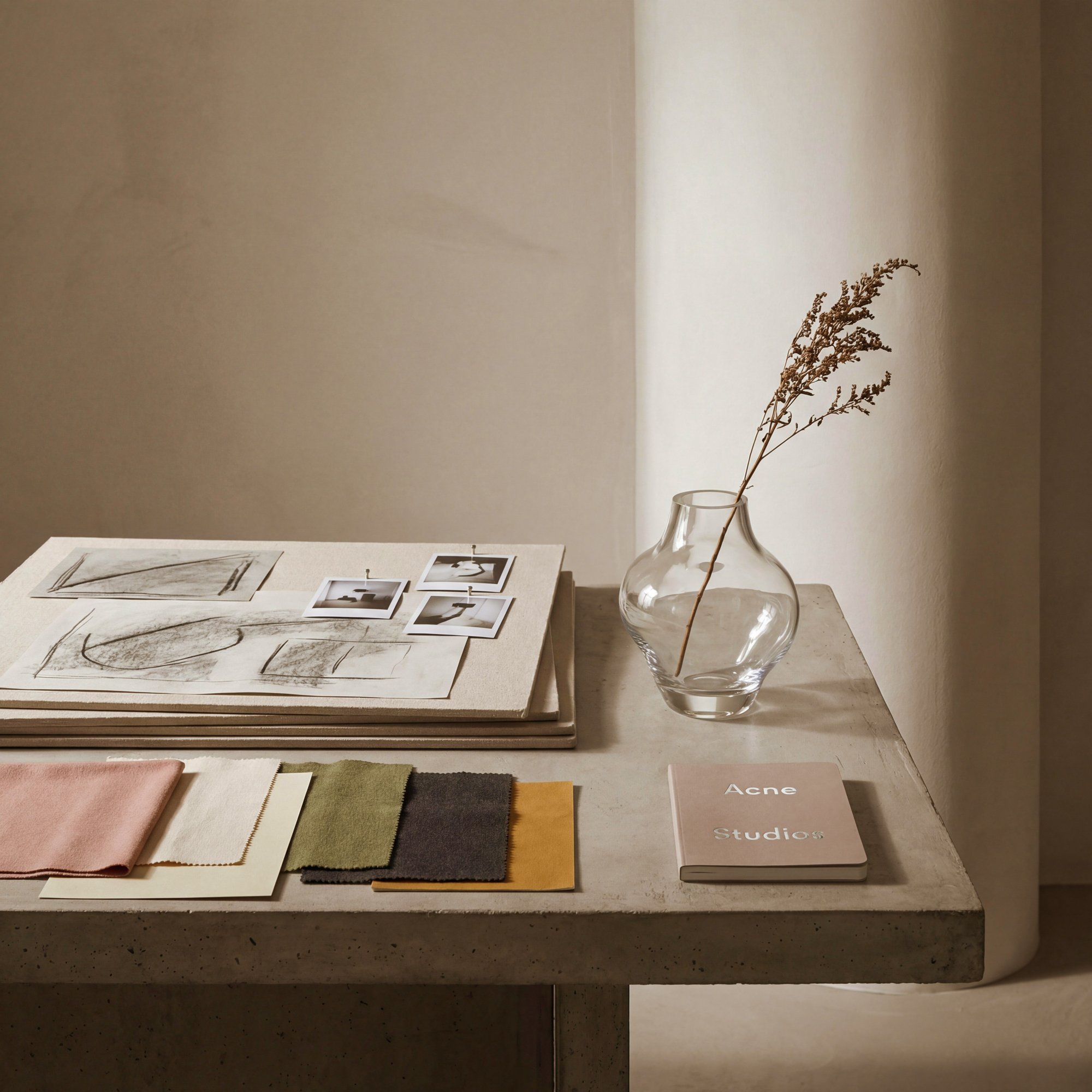 Interior display table with fabric swatches, printed artwork, and sample photos, alongside a clear glass vase holding a dried branch in natural lighting.