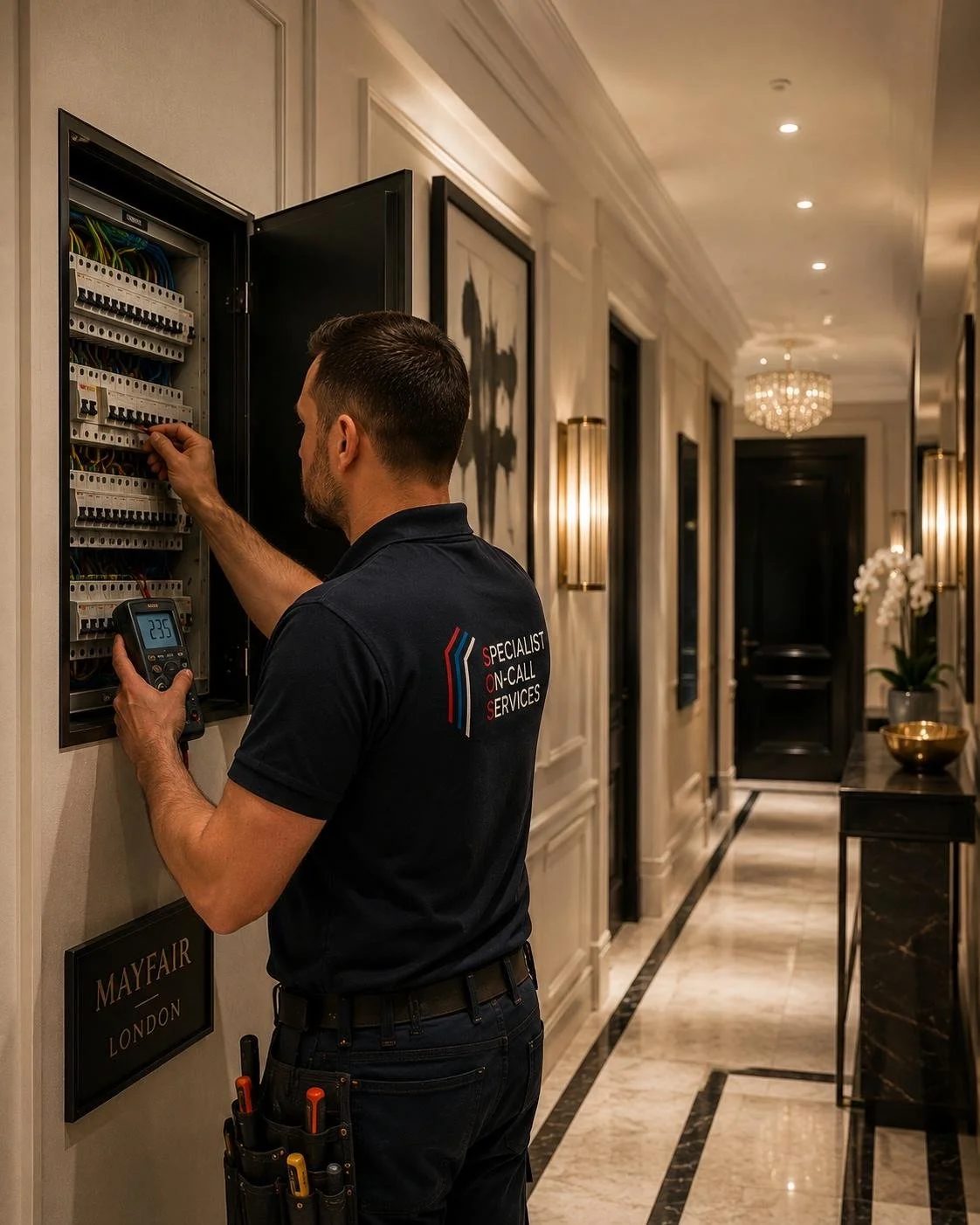 A technician in a black shirt labeled 'Specialist On-Call Services' checking an electrical panel with a digital meter in a hotel corridor with elegant decor.