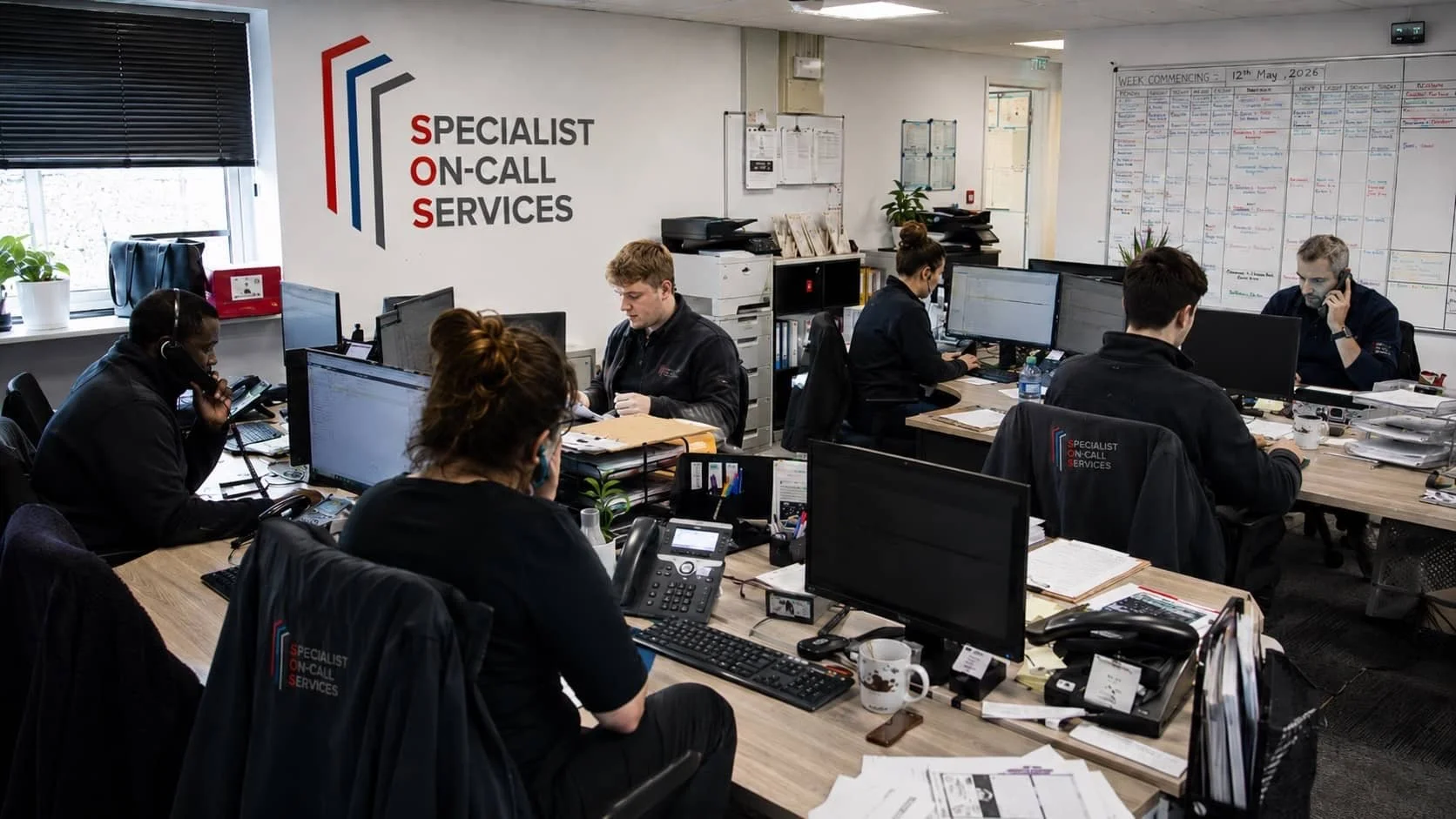 Office scene with six people working at desks with multiple monitors, phones, papers, and supplies. The wall features the logo 'Specialist On-Call Services' and a large weekly schedule calendar.