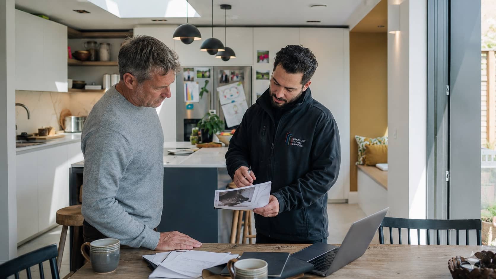 Two men discussing papers in a modern kitchen, with a laptop and coffee cups on the table.
