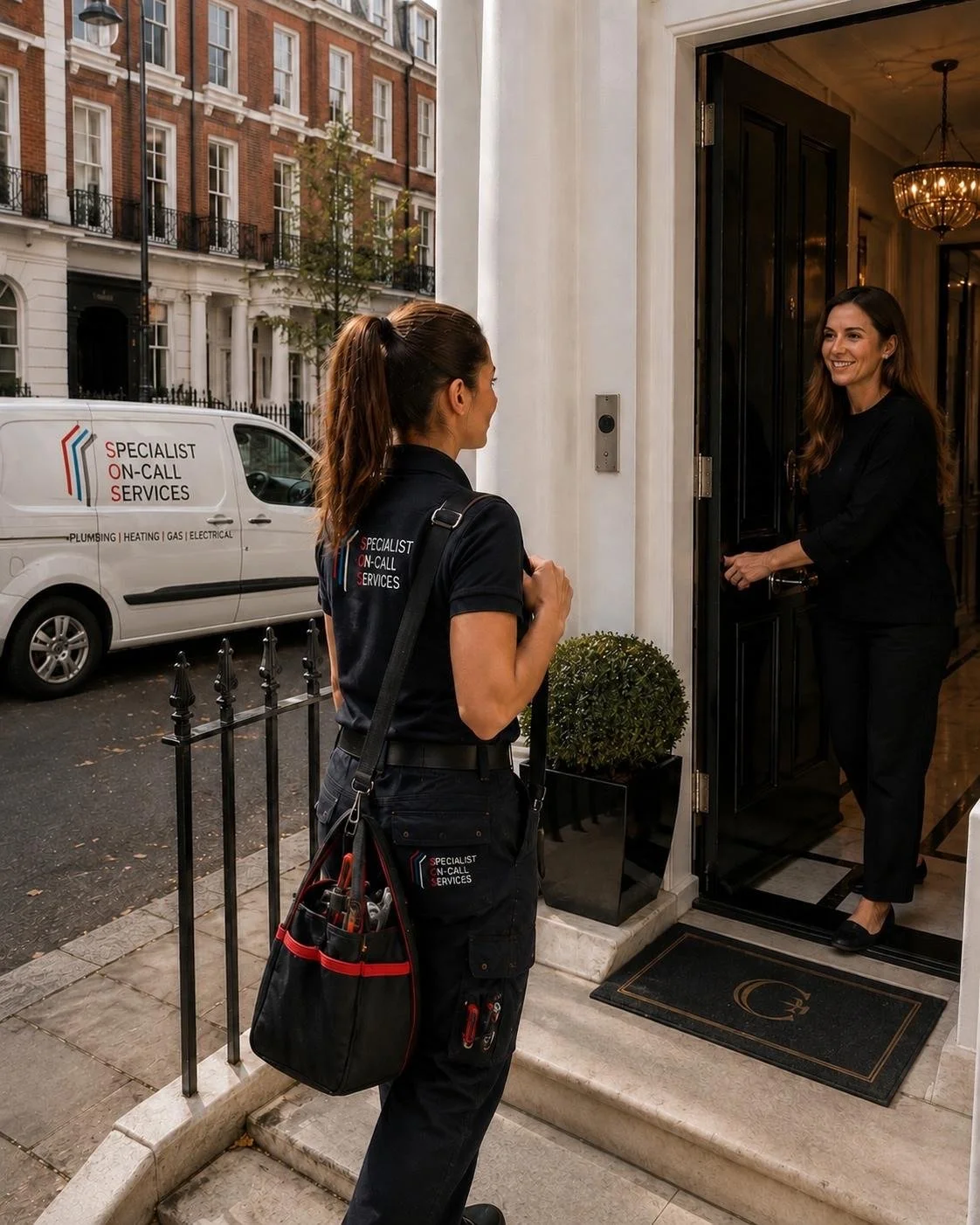 A woman in black uniform delivering a service at the front door of a home, talking to a woman standing inside the doorway, with a company van parked outside labeled 'Specialist On-Call Services'.