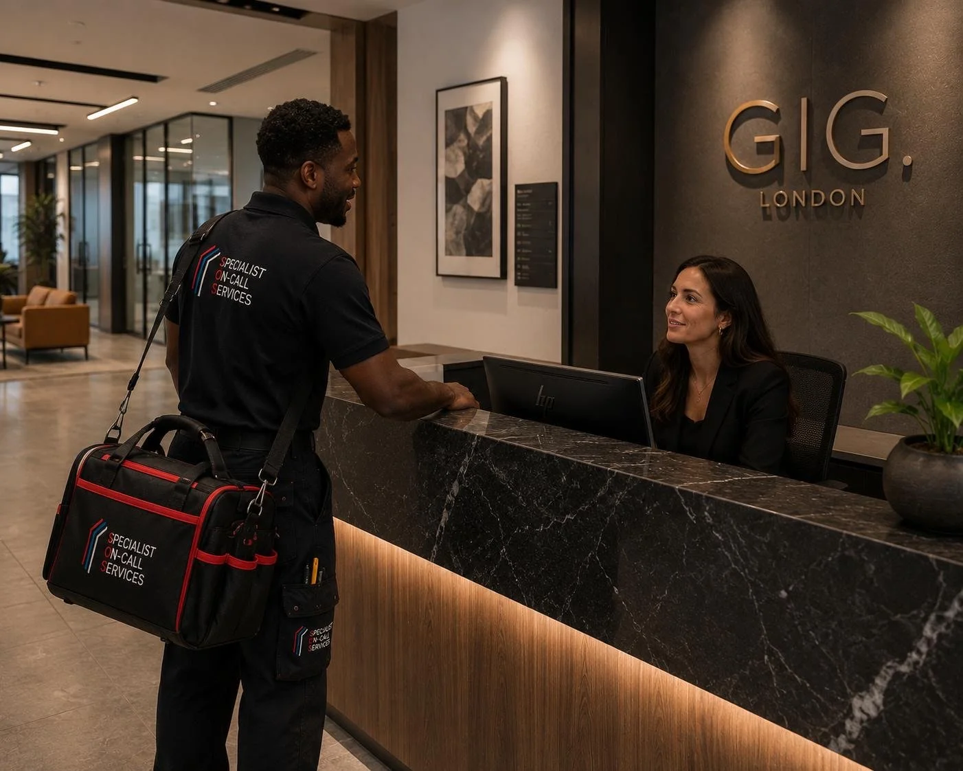 A man with a black bag labeled 'Specialist On-Call Services' speaking with a woman at a hotel reception desk. The reception area has a dark marble counter, framed artwork on the wall, and the sign 'GIG. London' on the wall behind the receptionist.