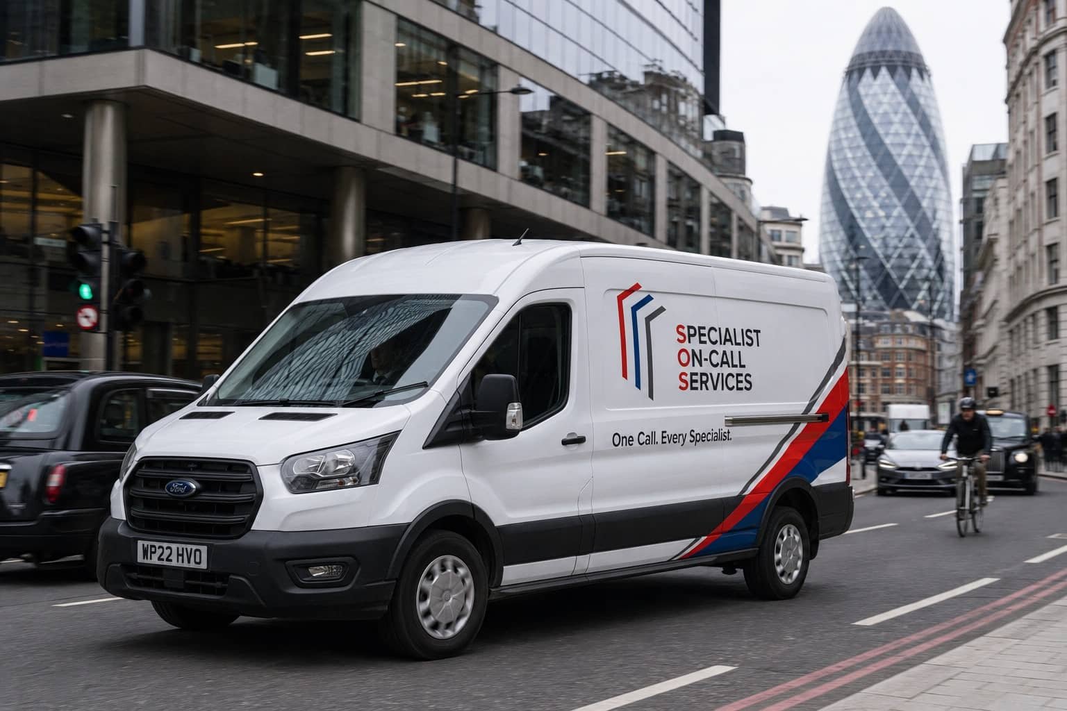 A white van on a city street with the logo 'Specialist On-Call Services' and the tagline 'One Call. Every Specialist.' The background shows modern office buildings and a Gherkin skyscraper in London.